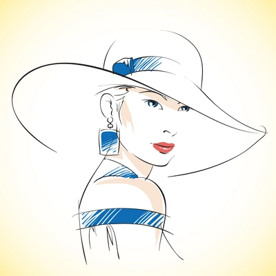 Fashion sketch of beautiful young female with hat and blue eyes isolated vector illustration