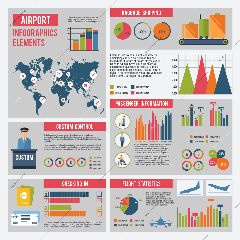 Airport infographics set with flying control elements charts and world map vector illustration