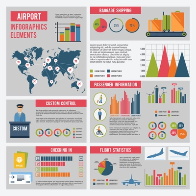 Airport infographics set with flying control elements charts and world map vector illustration