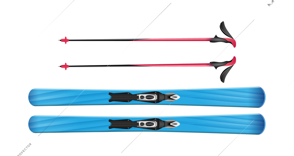 Realistic blue skis and sticks top view isolated vector illustration