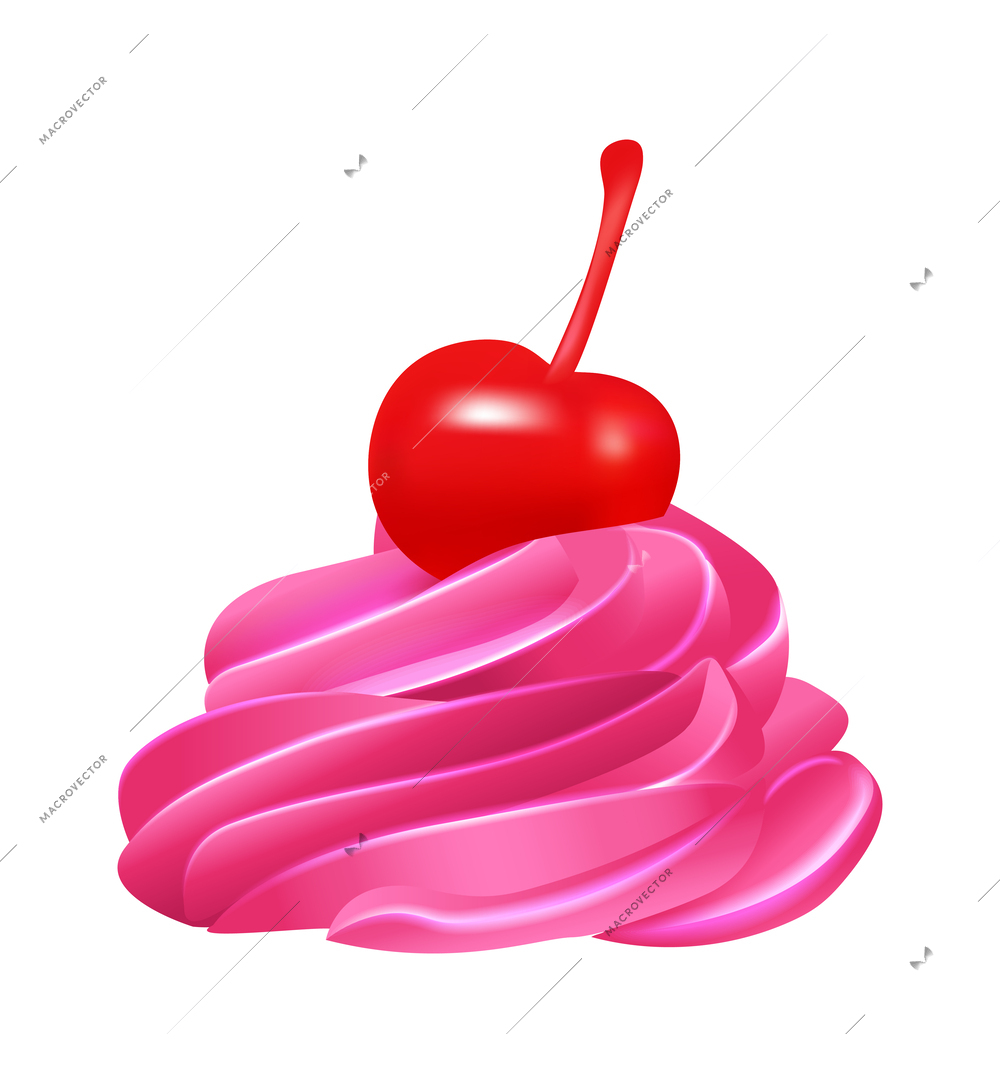 Delicious strawberry cupcake topping with cherry realistic vector illustration