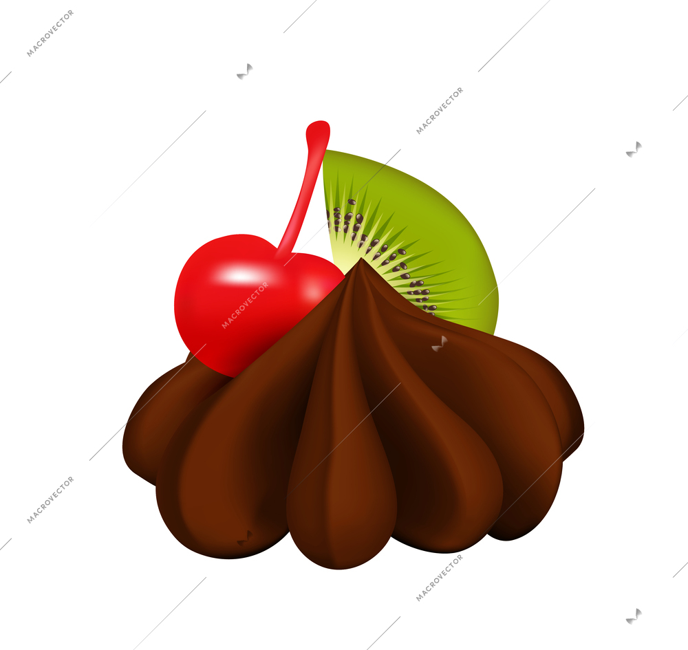 Realistic chocolate cupcake topping with cherry and kiwi vector illustration