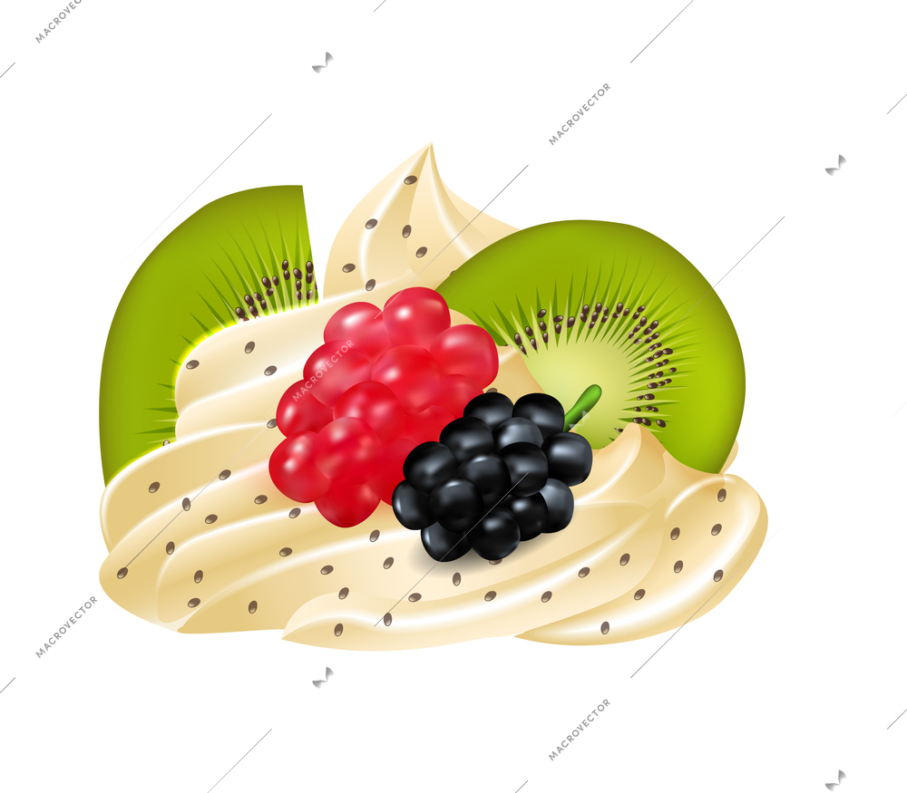 Realistic cupcake topping with fresh kiwi and berries vector illustration