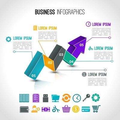 Business charts infographic set with 3d arrow and financial signs vector illustration