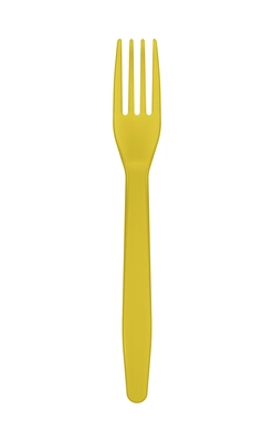 Disposable yellow plastic fork top view realistic vector illustration