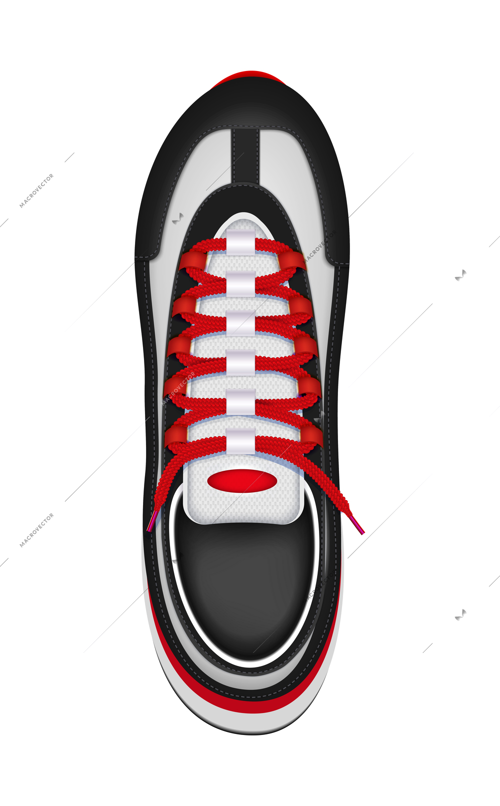 Realistic unisex sport shoe with red shoelaces top view vector illustration