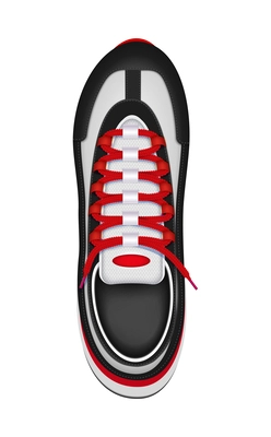 Realistic unisex sport shoe with red shoelaces top view vector illustration