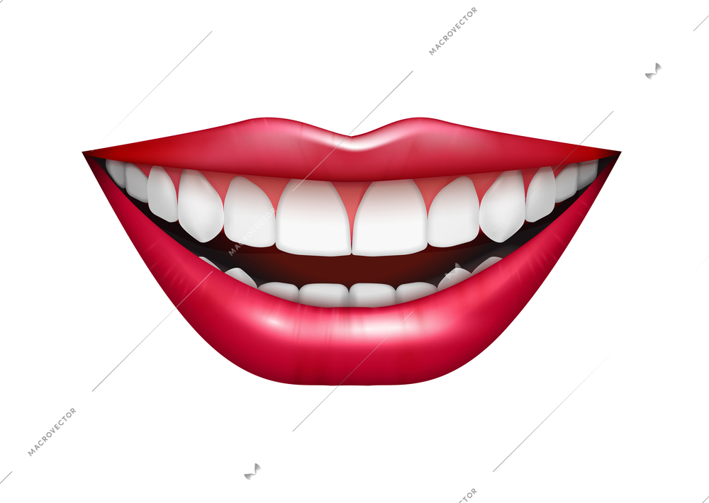 Realistic laughing female mouth with glossy lips and white teeth vector illustration