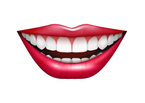 Realistic laughing female mouth with glossy lips and white teeth vector illustration