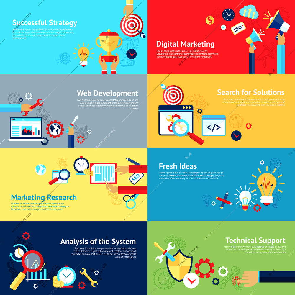 Internet design concept set with successful strategy digital marketing web development icons isolated vector illustration