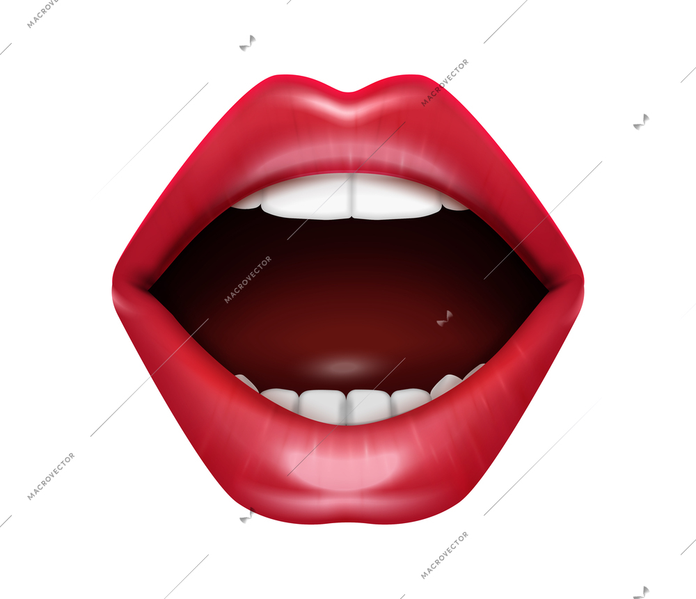 Female open mouth with white teeth and red lips realistic vector illustration