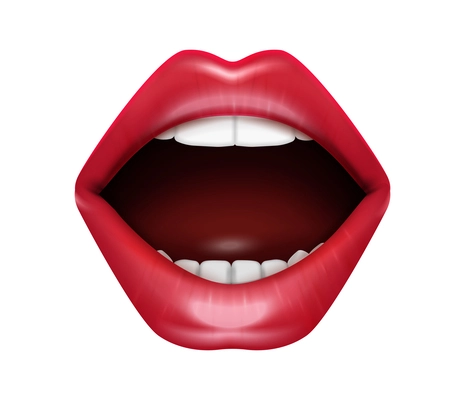 Female open mouth with white teeth and red lips realistic vector illustration