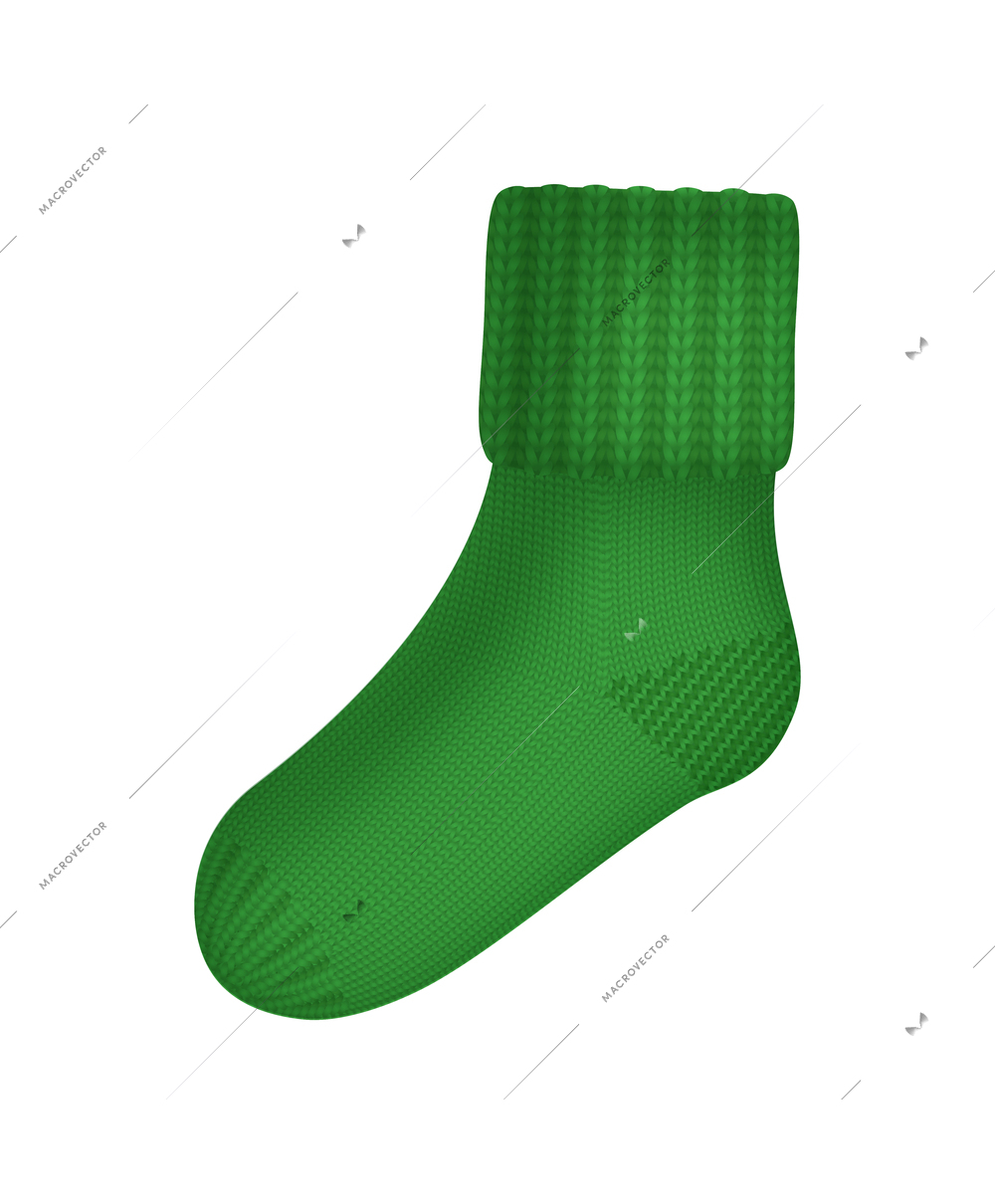 Realistic winter knitted green sock vector illustration