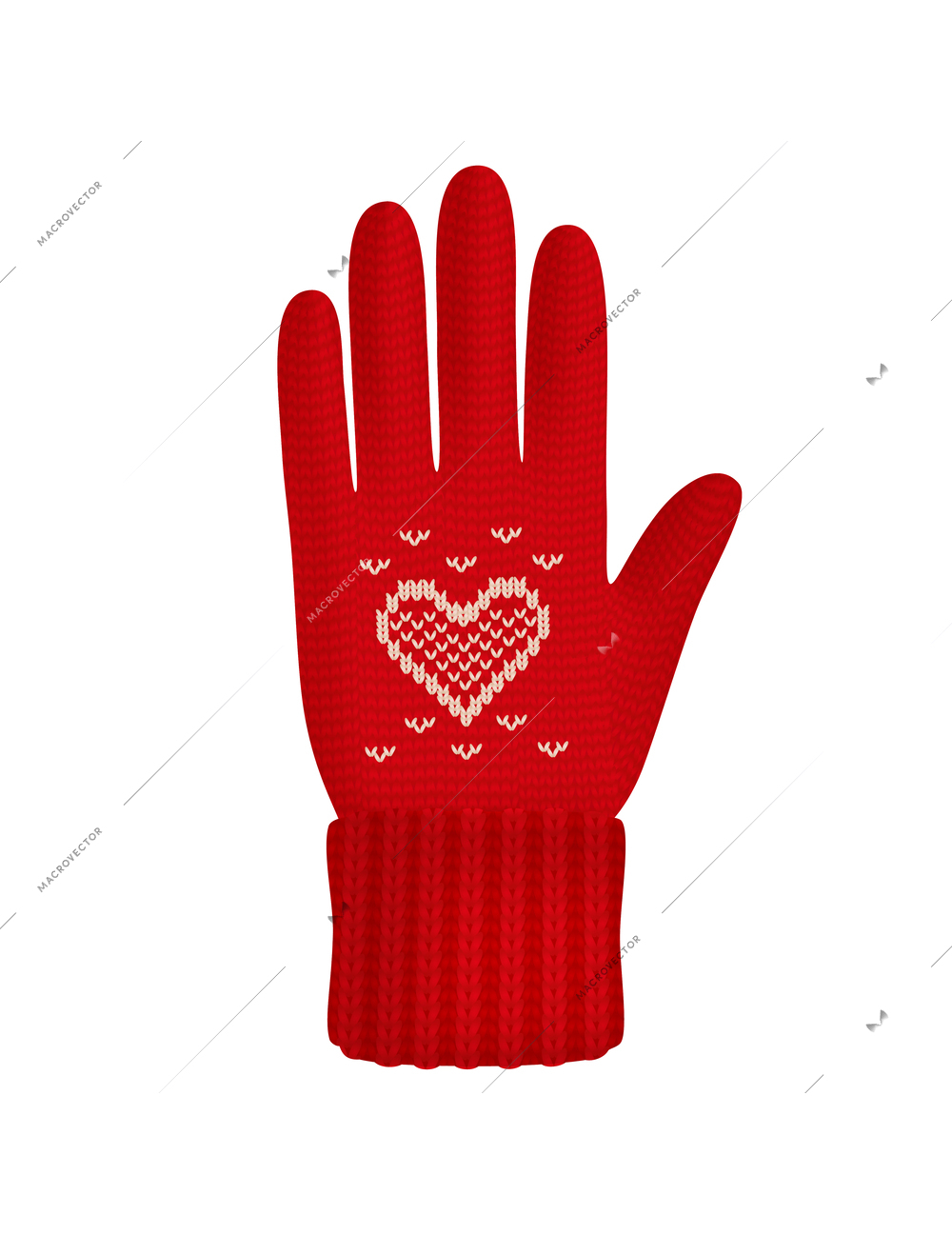 Winter knitted female red glove on white background realistic vector illustration