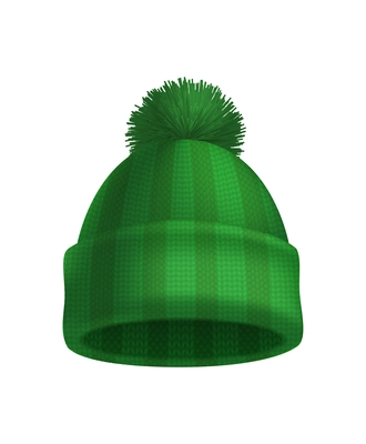 Winter knitted green hat on white background realistic vector illustration