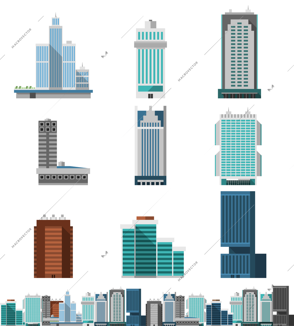 Skyscraper offices flat business buildings set with city skyline decorative icon isolated vector illustration