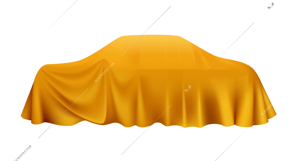 Realistic car covered with golden cloth on white background vector illustration