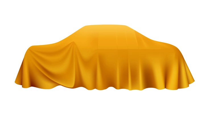 Realistic car covered with golden cloth on white background vector illustration