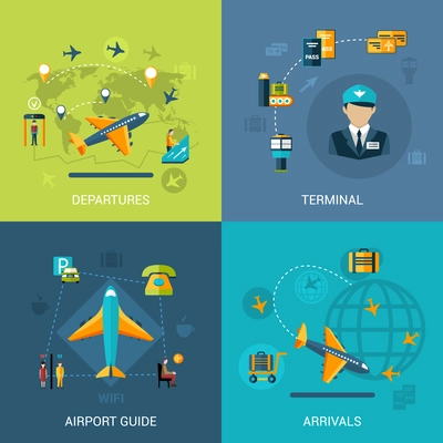 Airport design concept set with departures arrival terminal guide flat icons isolated vector illustration