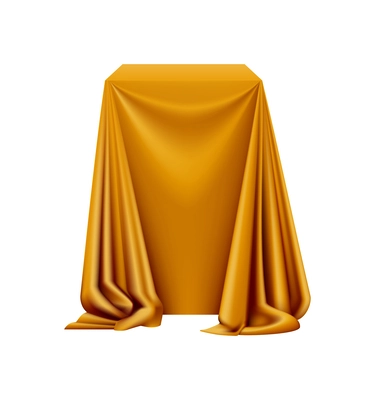 Hidden object covered with golden silk cloth on white background realistic vector illustration