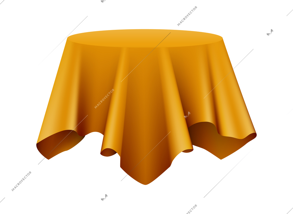 Round table covered with golden silk tablecloth realistic vector illustration