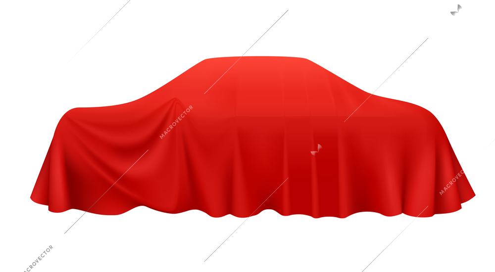 Red silk cloth covered car side view on white background realistic vector illustration