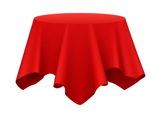 Realistic red silk tablecloth covering round table vector illustration