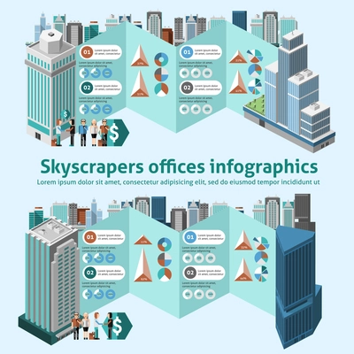 Skyscraper offices infographics with 3d isometric high buildings and charts vector illustration