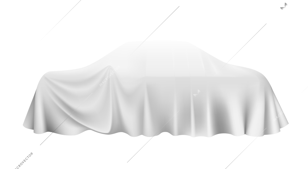 Car covered with white silk cloth for presentation realistic vector illustration