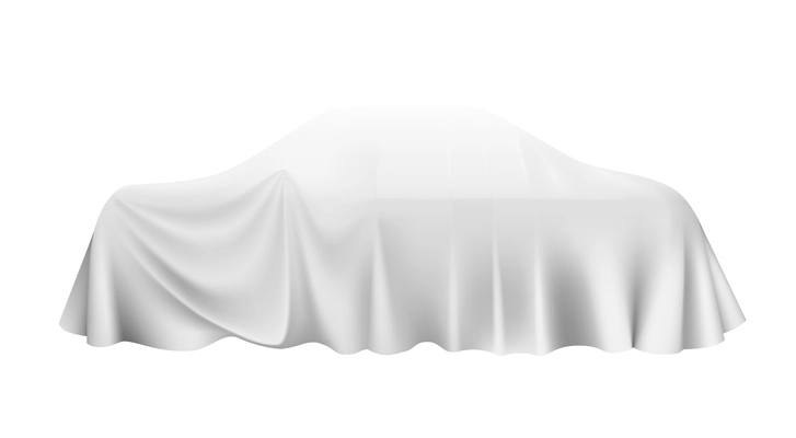 Car covered with white silk cloth for presentation realistic vector illustration