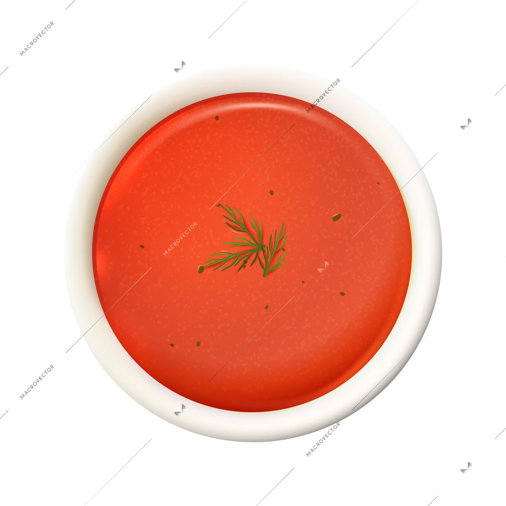 Realistic bowl of tomato soup top view vector illustration