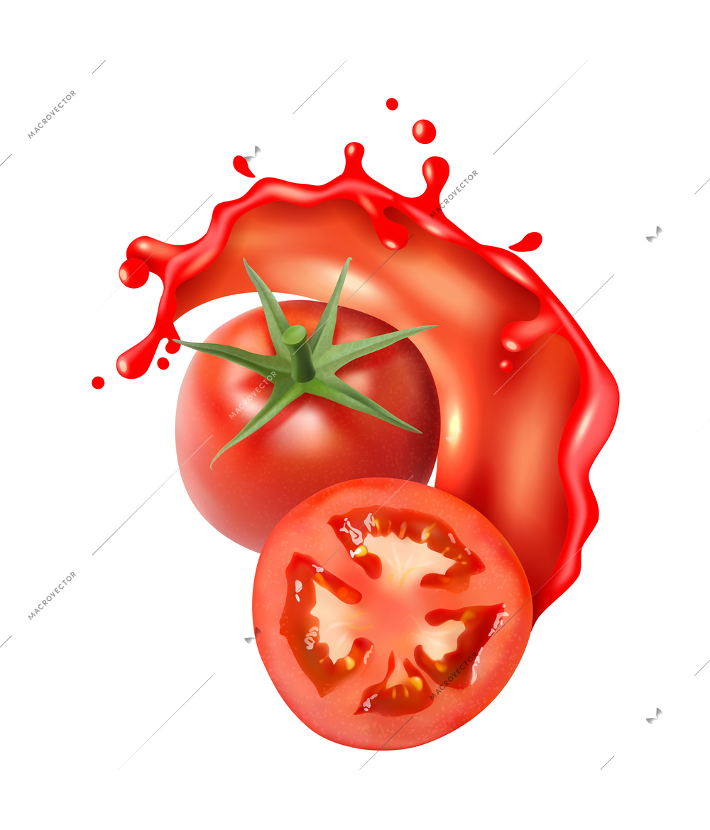 Realistic fresh tomatoes in juice splashes vector illustration