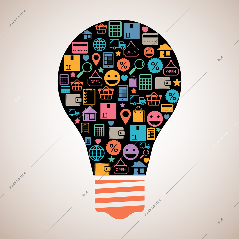 Online shopping creative light bulb emblem in flat style vector illustration