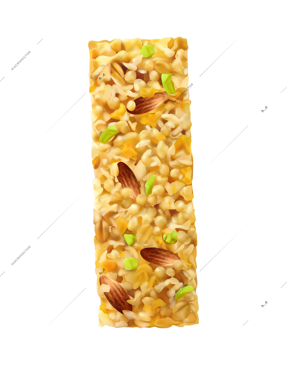Realistic unwrapped superfood muesli bar with almond on white background vector illustration