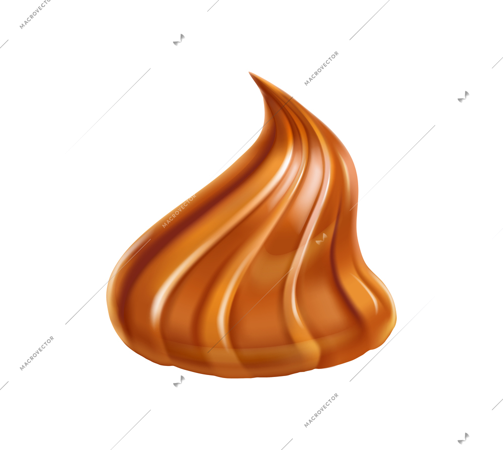 Melted caramel swirl drop on white background realistic vector illustration