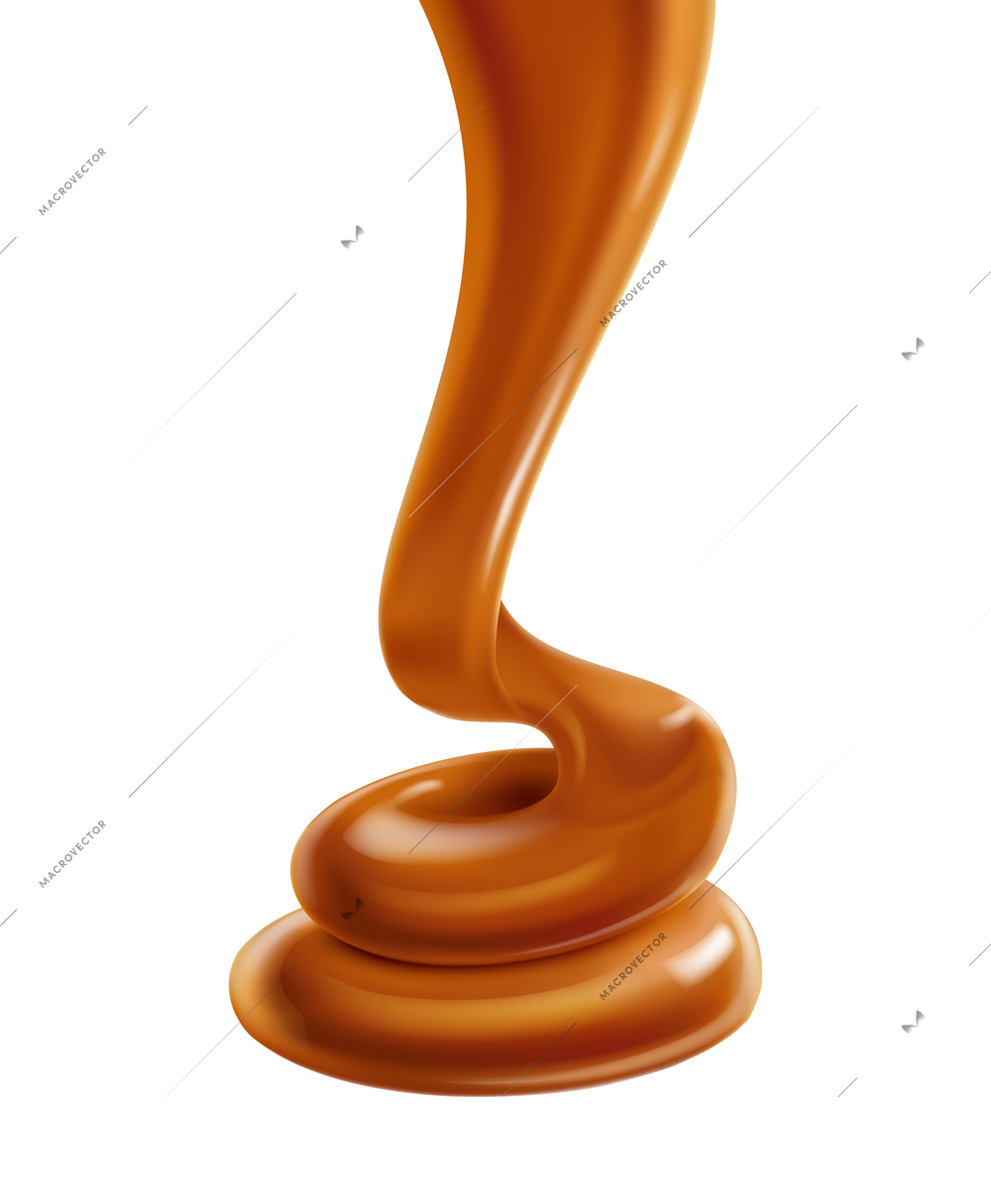 Flowing melted caramel on white background realistic vector illustration