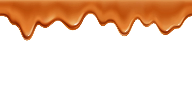 Flowing melted caramel horizontal border on white background realistic vector illustration