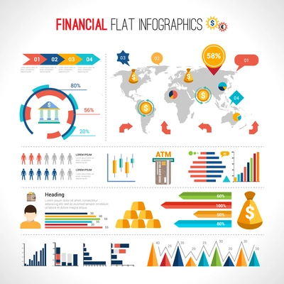 Finance flat infographic set with financial currency exchange business elements with world map vector illustration