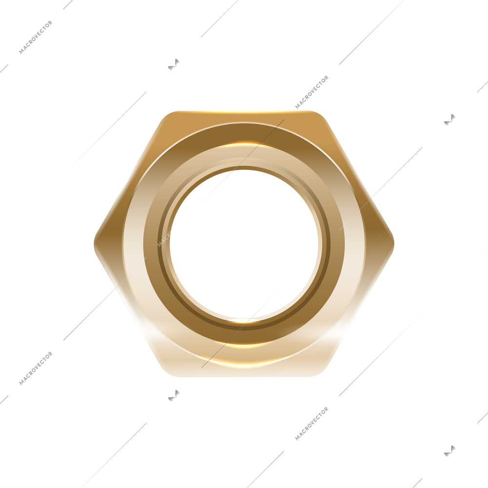 Realistic golden screw nut top view vector illustration