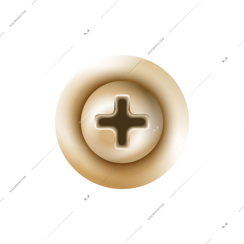 Shiny golden metal screw head top view realistic vector illustration