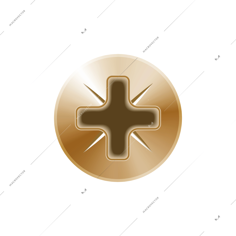 Golden metal screw head top view realistic vector illustration