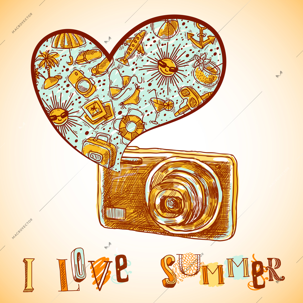 Summer vacation sketch background with photo camera and tourism and travel elements vector illustration