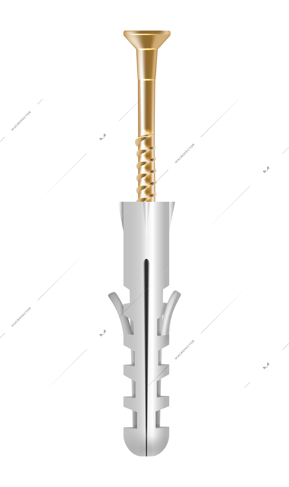Realistic golden screw in plastic dowel vector illustration