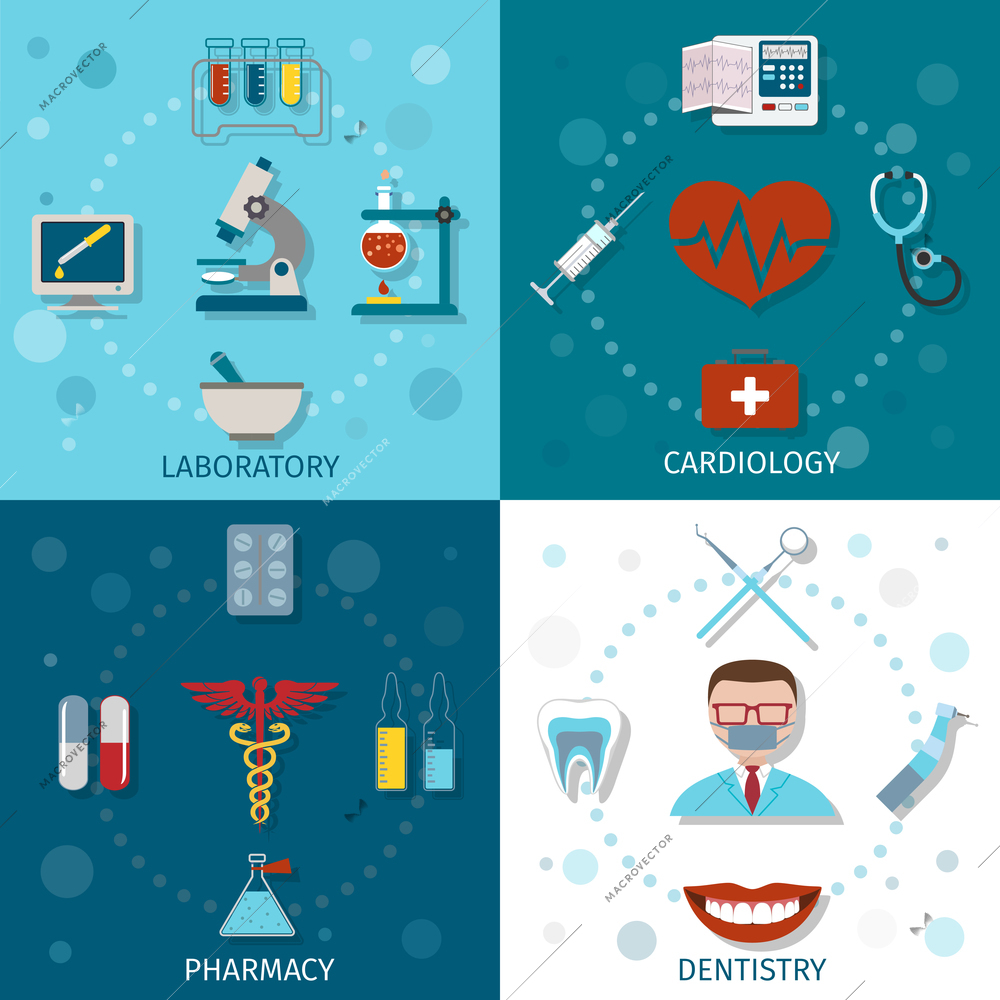 Medical icons set flat with laboratory cardiology pharmacy dentistry isolated vector illustration