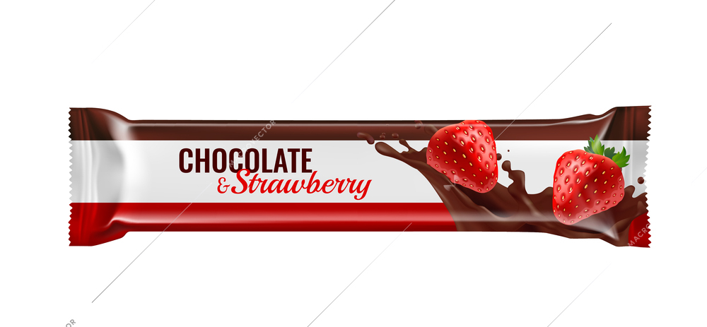 Chocolate strawberry bar realistic glossy packaging template vector illustration