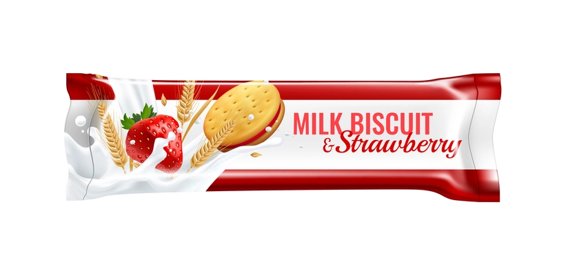 Milk strawberry biscuit realistic packaging design template vector illustration