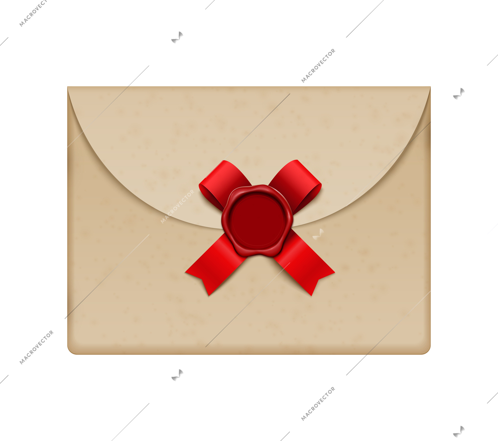 Realistic elegant vintage envelope with wax seal and red ribbon vector illustration