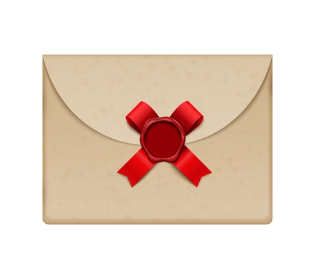 Realistic elegant vintage envelope with wax seal and red ribbon vector illustration