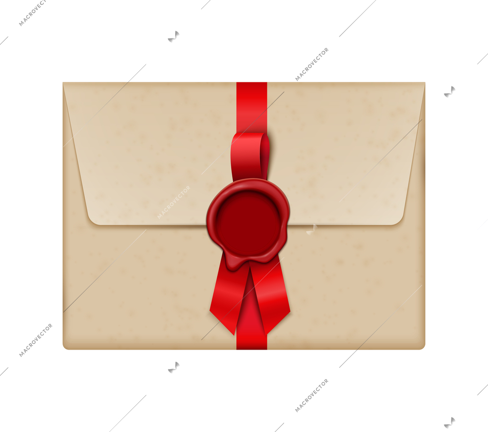 Vintage envelope with wax seal and red ribbon realistic vector illustration