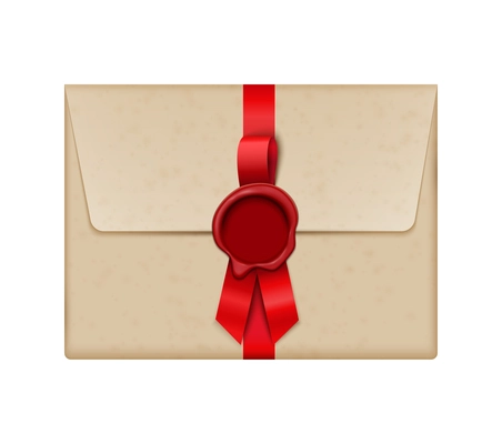 Vintage envelope with wax seal and red ribbon realistic vector illustration